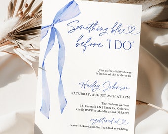 Something Blue Before I Do Bridal Shower Invitation Template, Printable Blue Bow Brunch Invite, DIY Editable Ribbon Wedding Invites, LB