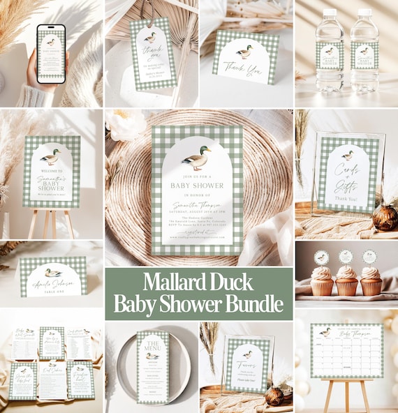 Mallard Baby Shower Invitation Bundle Green Plaid Duck Baby Shower Invite Duck Hunting Shower Games Editable Template Instant Download MD