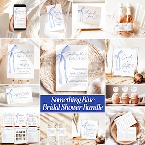 May include: A bridal shower stationery bundle featuring a blue watercolour ribbon motif. Includes invitations, thank you tags, signage, cupcake toppers, water bottle labels, and game cards with blue script text on white cardstock.