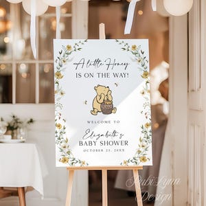 Classic Winnie-The-Pooh Baby Shower Welcome Sign A Little Honey Is On The Way Baby Shower Sign Wildflower Entrance Sign Printed + Shipped PB