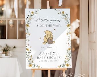 Classic Winnie-The-Pooh Baby Shower Welcome Sign A Little Honey Is On The Way Baby Shower Sign Wildflower Entrance Sign Printed + Shipped PB