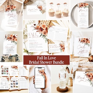 Fall in Love Bridal Shower Bundle, Fall Floral Bridal Shower Invitation, Editable Game Bundle, Printable Rustic Bridal Shower Games, J8