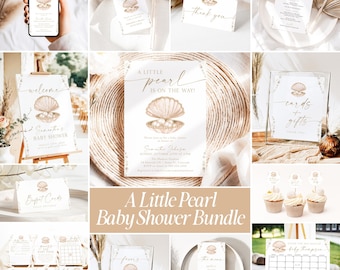 Little Pearl Baby Shower Bundle, Ocean Baby Shower Decor Suite, Beach Theme Games Printable Set, Editable Templates, Instant Download, PE