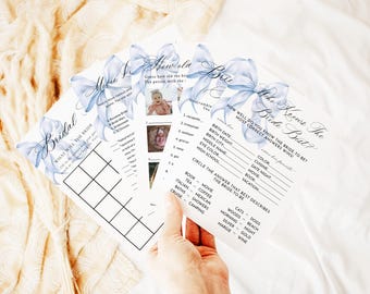 Blue Bow Bridal Shower Games Bundle Something Blue Before I Do Elegant Wedding Shower Games Printable Games Editable Template X2