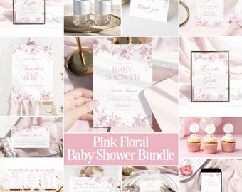 Pink Toile Baby Shower Bundle Chinoiserie Floral Invitation Printable Girl Baby Shower Games Bundle Editable Template Instant Download Y3