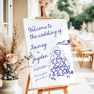Handwritten Champagne Tower Wedding Welcome Sign Template, Scribble Hand Drawn French Style Whimsical Doodle Illustration Event Signage, PR