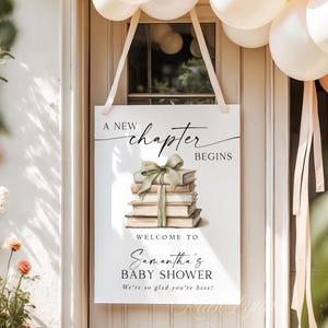 Szablon powitalnego napisu na baby shower z nowym rozdziałem, edytowalny plakat z motywem bajki, zielony napis na przyjęciu z motywem książki z kokardą, początek nowej historii, Wielka Brytania zdjęcie 5