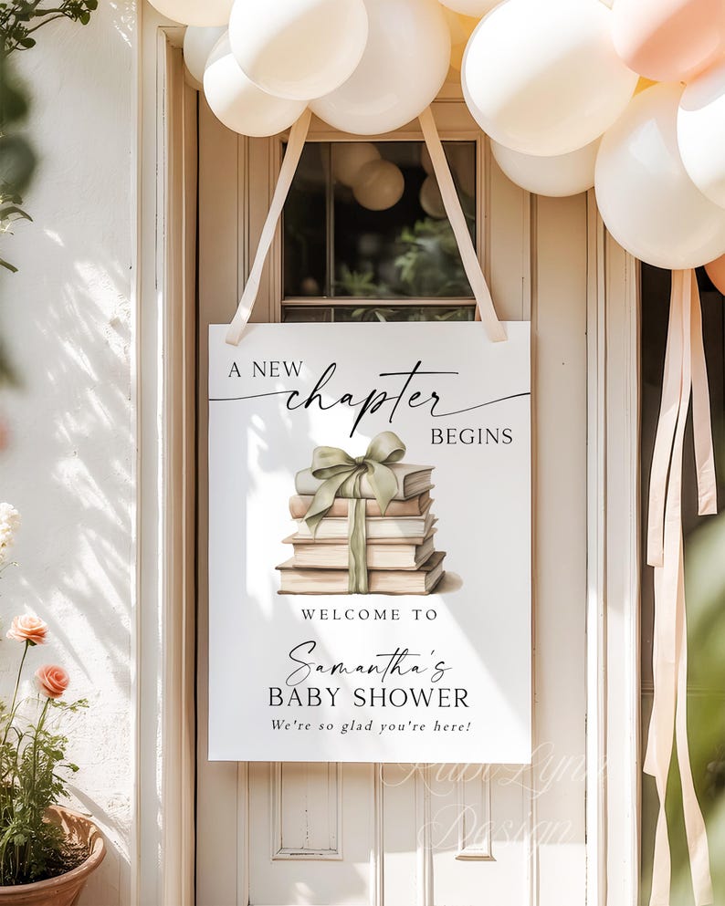 Szablon powitalnego napisu na baby shower z nowym rozdziałem, edytowalny plakat z motywem bajki, zielony napis na przyjęciu z motywem książki z kokardą, początek nowej historii, Wielka Brytania zdjęcie 5