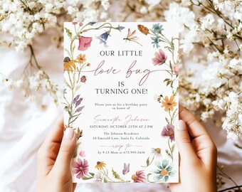 Our Little Love Bug Birthday Invitation Template, Love Bug First Birthday, Wildflower Birthday Party Invite, Bugs Editable Template, V2