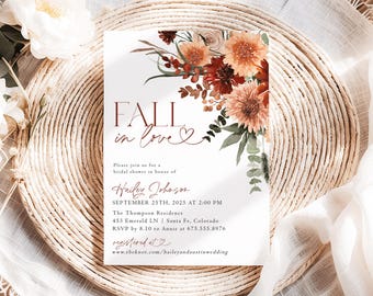 Fall In Love Bridal Shower Invitation Rustic Terracotta Wedding Shower Invites Floral Fall Bridal Brunch Invite Printed & Shipped J8