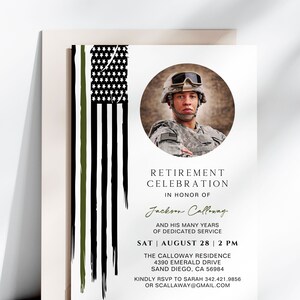 May include: A retirement celebration invitation with a black and white American flag with a green stripe, a photo of a man in military uniform, and the text "Retirement Celebration in honor of Jackson Calloway and his many years of dedicated service. Sat | August 28 | 2 PM. The Calloway Residence 4390 Emerald Drive Sand Diego, CA 56984. Kindly RSVP to Sarah 342.421.9856 or Scallaway@gmail.com"