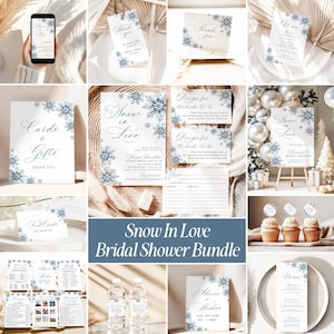 Puede incluir: Un conjunto de papelería para despedida de soltera Snow in Love con tarjetas de papel blanco, ilustraciones de copos de nieve azules y texto en letra elegante. Incluye invitaciones, menús, tarjetas de recetas, consejos, letreros y etiquetas.