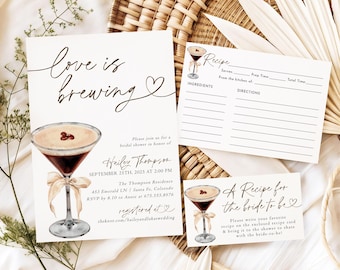 Love is Brewing Bridal Shower Invitation Template, Espresso Martini Bridal Shower Invite, Neutral Bow Wedding Shower, Editable Bundle, E1