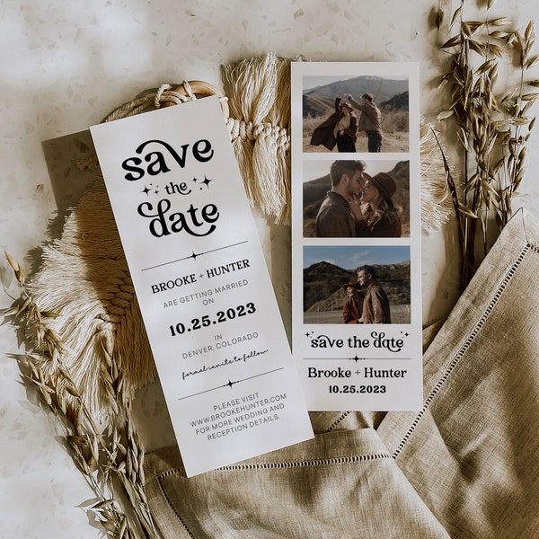 Modern Minimalist Retro Save the Date Template Printable Save The Date With Photo DIY Photo Booth Strip Card Editable Template Invitation R1