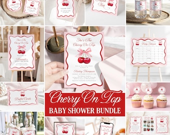 May include: A baby shower stationery bundle featuring a cherry theme with pink bows and red cherries. Includes invitations, thank you tags, water bottle labels, buffet cards, cupcake toppers, a calendar, and game cards with the text She's The Cherry On Top.