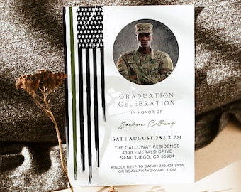Plantilla de invitación para graduación militar de entrenamiento básico, invitación para fiesta de la Línea Verde Delgada, invitaciones con bandera editables para hacer tú mismo, descarga instantánea (EE. UU.)