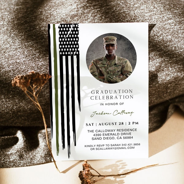 Basic Training Military Graduation Invitation Template, Thin Green Line Party Invite, DIY Editable Flag Invites Instant Download US