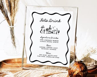 The Bar Wedding Sign Template, DIY Editable Quirky Hand Drawn Lets Drink Menu Signs Handwritten French Whimsical Doodle Reception Signage PR