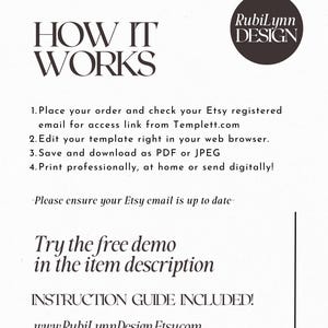 May include: A cream-colored graphic with the text "HOW IT WORKS" in a bold, elegant font. Instructions detail the process: order, access link, edit, save, and print. The image includes the Etsy shop's logo and website address.
