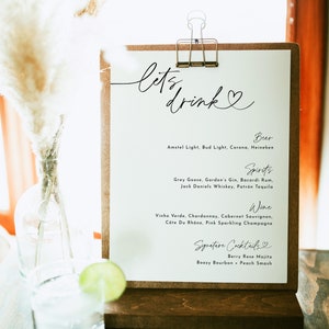 Modern Lets Drink Menu Sign Template, DIY Editable Minimalist Wedding Drinks Signs, Printable The Bar Reception, Signature Drink Sign, HC