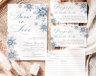 Snow in Love Bridal Shower Invite Bundle Snowflake Bridal Shower Invitation Template Editable Blue Winter Wonderland Digital Download SI