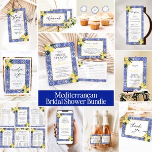 Mediterranean Lemon Bridal Shower Invitation Template Bundle Editable Italian Blue Tiles Frame Invites DIY Main Squeeze Positano Wedding, DB