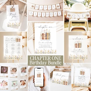 First Chapter Birthday Bundle, One For The Books Birthday Bundle, Book themed Birthday Signs, Storybook Birthday Decor, Editable Template CO