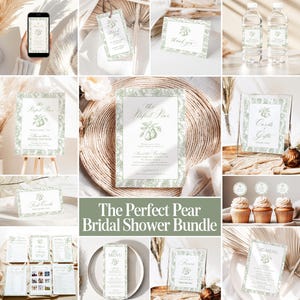 Peut inclure: Ensemble de papeterie sur le thème de la poire, comprenant des invitations, des cartes de remerciement et des panneaux. Les articles présentent une bordure florale verte et blanche et le texte "The Perfect Pear Bridal Shower Bundle."