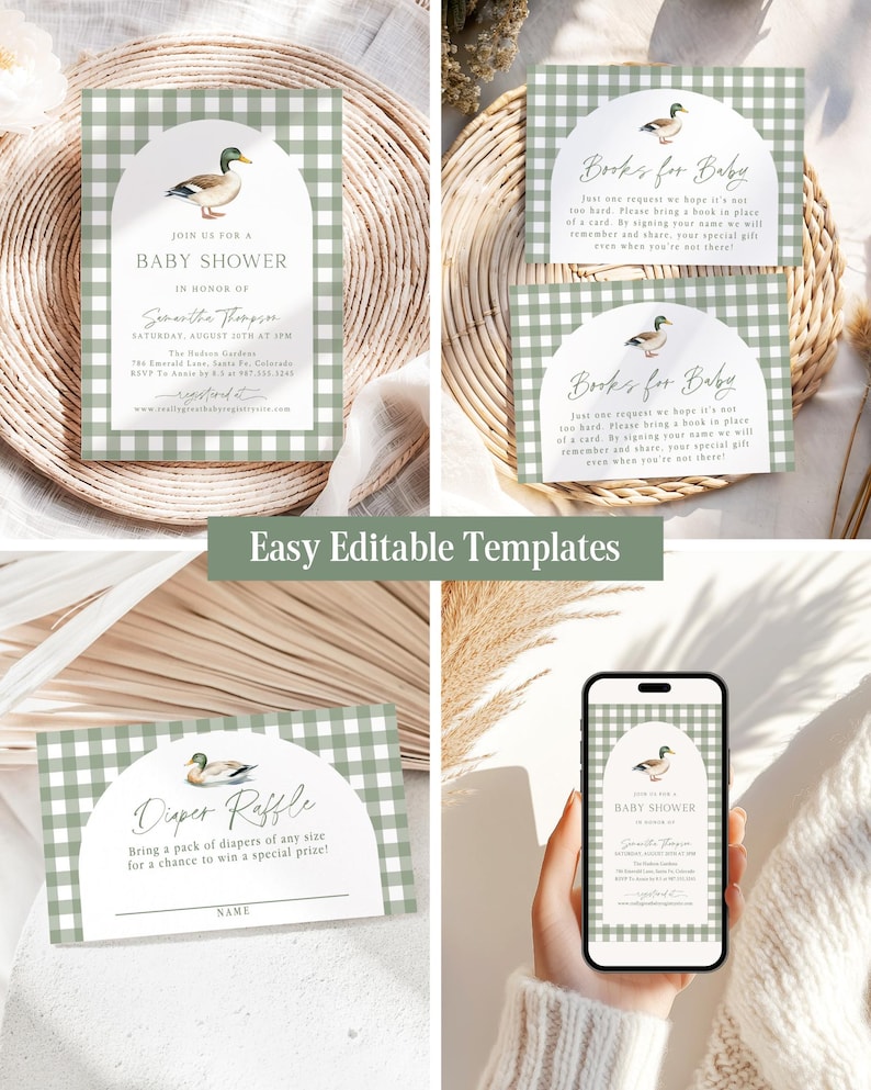 Mallard Baby Shower Invitation Bundle Green Plaid Duck Baby Shower Invite Duck Hunting Shower Games Editable Template Instant Download MD image 3
