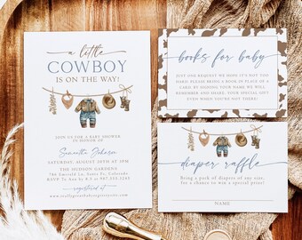 Cowboy Baby Shower Invitation Template Set, A little Cowboy Is On The Way Invite, Cowboy Clothesline Baby Shower, Blue Wild Western, LC1
