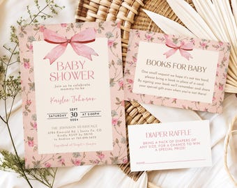 DIY Editable Coquette Shabby Chic Baby Shower Invitation Set, Customizable Printable Vintage Pink Bow Rose Floral Girl Shower Invites SC