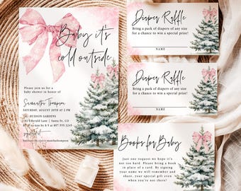 Pink Bow Baby It's Cold Outside Baby Shower Invitation Christmas Holiday Editable Snowflake Snowfall Winter Wonderland Shower Invite SF