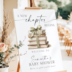 Szablon powitalnego napisu na baby shower z nowym rozdziałem, edytowalny plakat z motywem bajki, zielony napis na przyjęciu z motywem książki z kokardą, początek nowej historii, Wielka Brytania zdjęcie 4