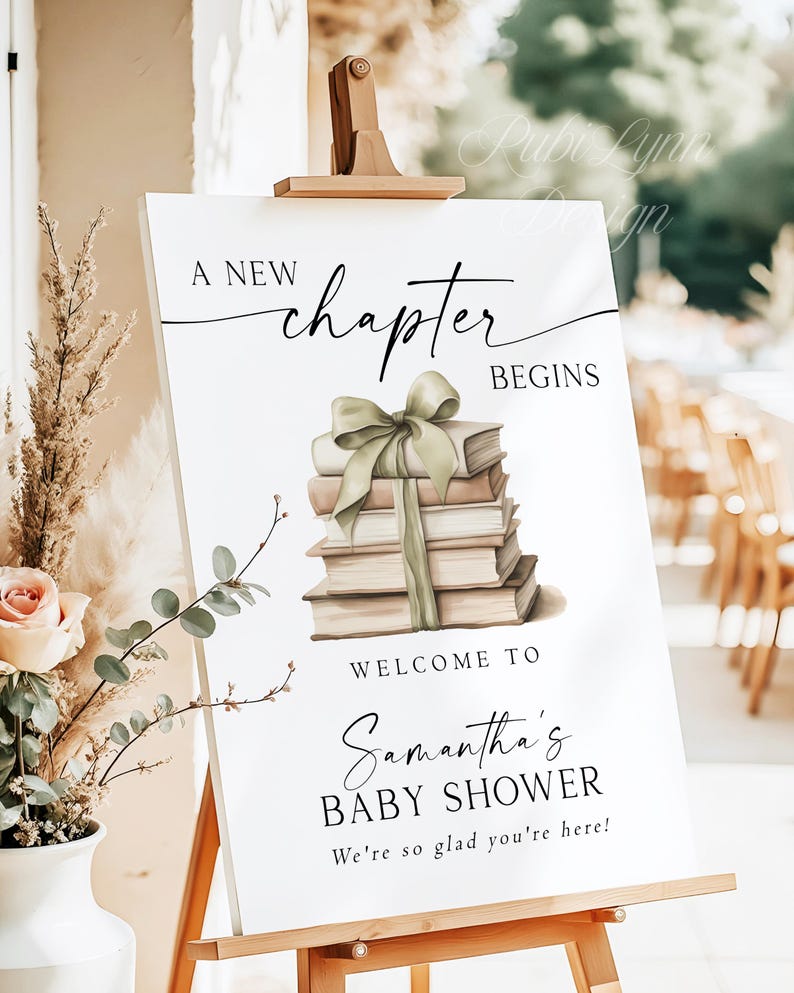 Szablon powitalnego napisu na baby shower z nowym rozdziałem, edytowalny plakat z motywem bajki, zielony napis na przyjęciu z motywem książki z kokardą, początek nowej historii, Wielka Brytania zdjęcie 4