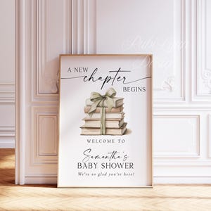 Szablon powitalnego napisu na baby shower z nowym rozdziałem, edytowalny plakat z motywem bajki, zielony napis na przyjęciu z motywem książki z kokardą, początek nowej historii, Wielka Brytania zdjęcie 3
