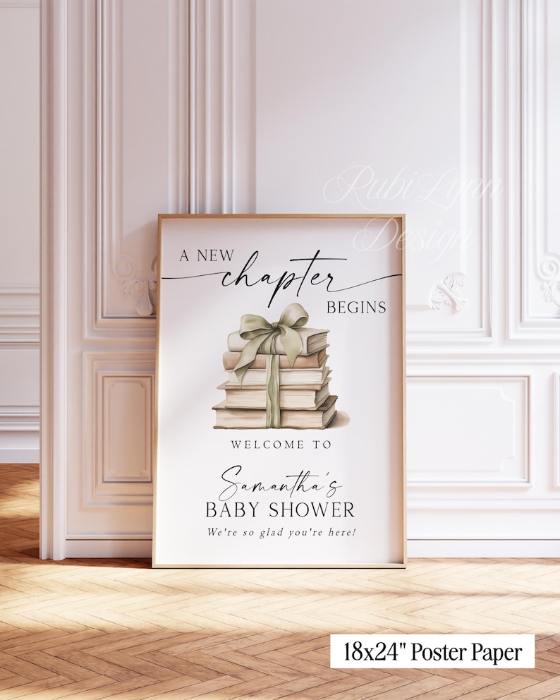 Szablon powitalnego napisu na baby shower z nowym rozdziałem, edytowalny plakat z motywem bajki, zielony napis na przyjęciu z motywem książki z kokardą, początek nowej historii, Wielka Brytania zdjęcie 3
