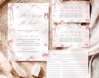 May include: A bridal shower invitation set featuring pink ribbon illustrations and text that reads She's tying the knot, A RECIPE FOR the bride to be, and recipe. The set includes a main invitation card and two recipe cards with lines.