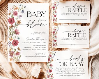 May include: A baby shower invitation set featuring floral illustrations of red, yellow, and blue wildflowers. The text reads Baby in Bloom, Diaper Raffle, and Books for Baby, with details for Saysha Thompson on August 25th at 3 PM.