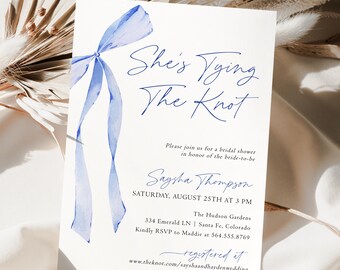 Shes Tying The Knot Bridal Shower Invitation Template, Printable Blue Bow Brunch Invite, DIY Editable Ribbon Wedding Shower Invites, TK