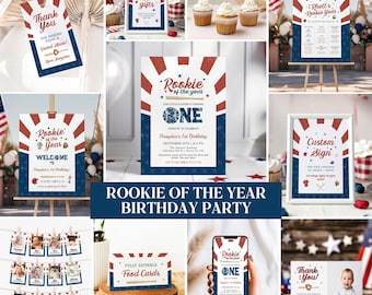 Rookie of the Year First Birthday Bundle, Baseball 1st Birthday Invitation, Rookie of the Year Invite, Editable Vintage Retro Baseball, R1