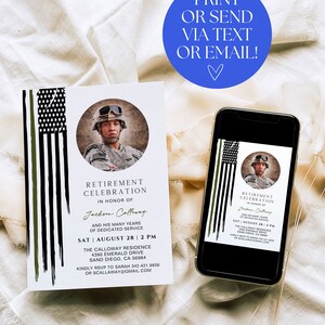 May include: A retirement celebration invitation with a black, green, and white American flag design. The invitation features a photo of a person in military uniform and the text "Retirement Celebration in honor of Jackson Calloway". The invitation includes the date and time of the event, the location, and contact information for RSVP.