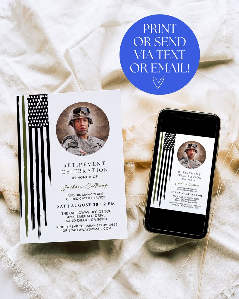 May include: A retirement celebration invitation with a black, green, and white American flag design. The invitation features a photo of a person in military uniform and the text "Retirement Celebration in honor of Jackson Calloway". The invitation includes the date and time of the event, the location, and contact information for RSVP.