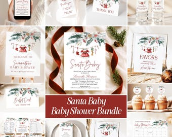 Santa Baby Shower Bundle Christmas Baby Shower Invitation Template Set Editable Holiday Baby Shower Decor Winter Girl Baby Clothes Games SB