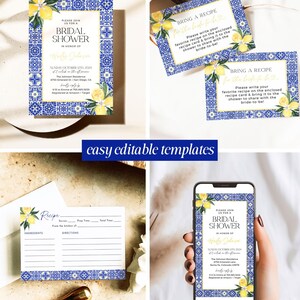 Mediterranean Lemon Bridal Shower Invitation Template Bundle Editable Italian Blue Tiles Frame Invites DIY Main Squeeze Positano Wedding, DB image 2
