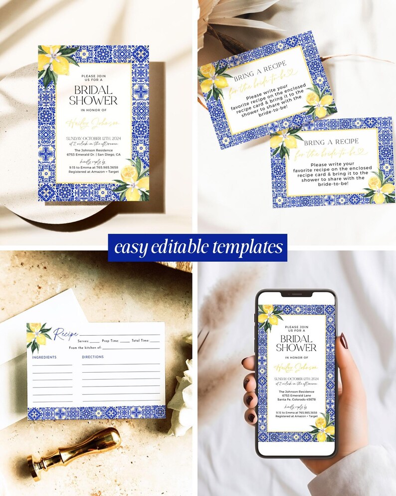 Mediterranean Lemon Bridal Shower Invitation Template Bundle Editable Italian Blue Tiles Frame Invites DIY Main Squeeze Positano Wedding, DB image 2