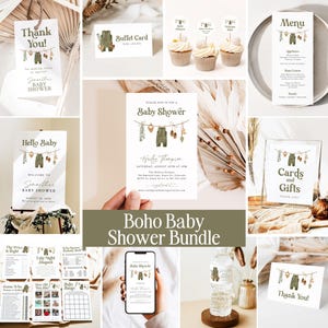 Baby Shower Invitation Template, Boho Baby Shower Bundle, Printable Boy Baby Shower Games, Sage Green Baby Invite, Gender Neutral, Z1