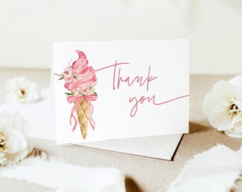 Ice Cream Thank You Card She's Been Scooped Up Bridal Shower Thank You Pink Bow Birthday Party Thank You Card Printed & Shipped SU