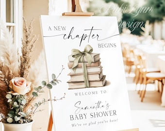 Printed + Shipped New Chapter Baby Shower Welcome Sign, Storybook Theme Welcome Poster, Green Bow Book Themed Sign, A New Story Begins, GB