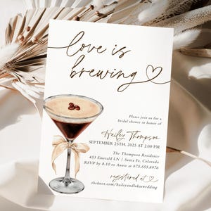 Love is Brewing Bridal Shower Invitation Template, Espresso Martini Bridal Shower Invite, Neutral Bow Wedding Shower, Editable Template E1