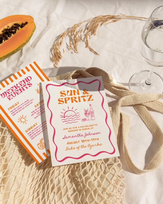 Sun and Spritz Bachelorette Weekend Invitation Itinerary Template, DIY Editable Aperol Hand Drawn Invite, Handwritten Beach Party Invites